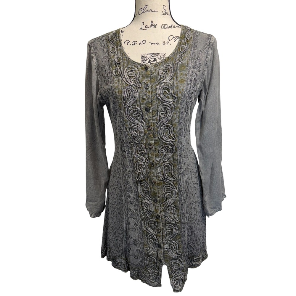 Free Size Viscose Tunic‎ Dress Embroidered Button Gray Green, M Boho Goblincore